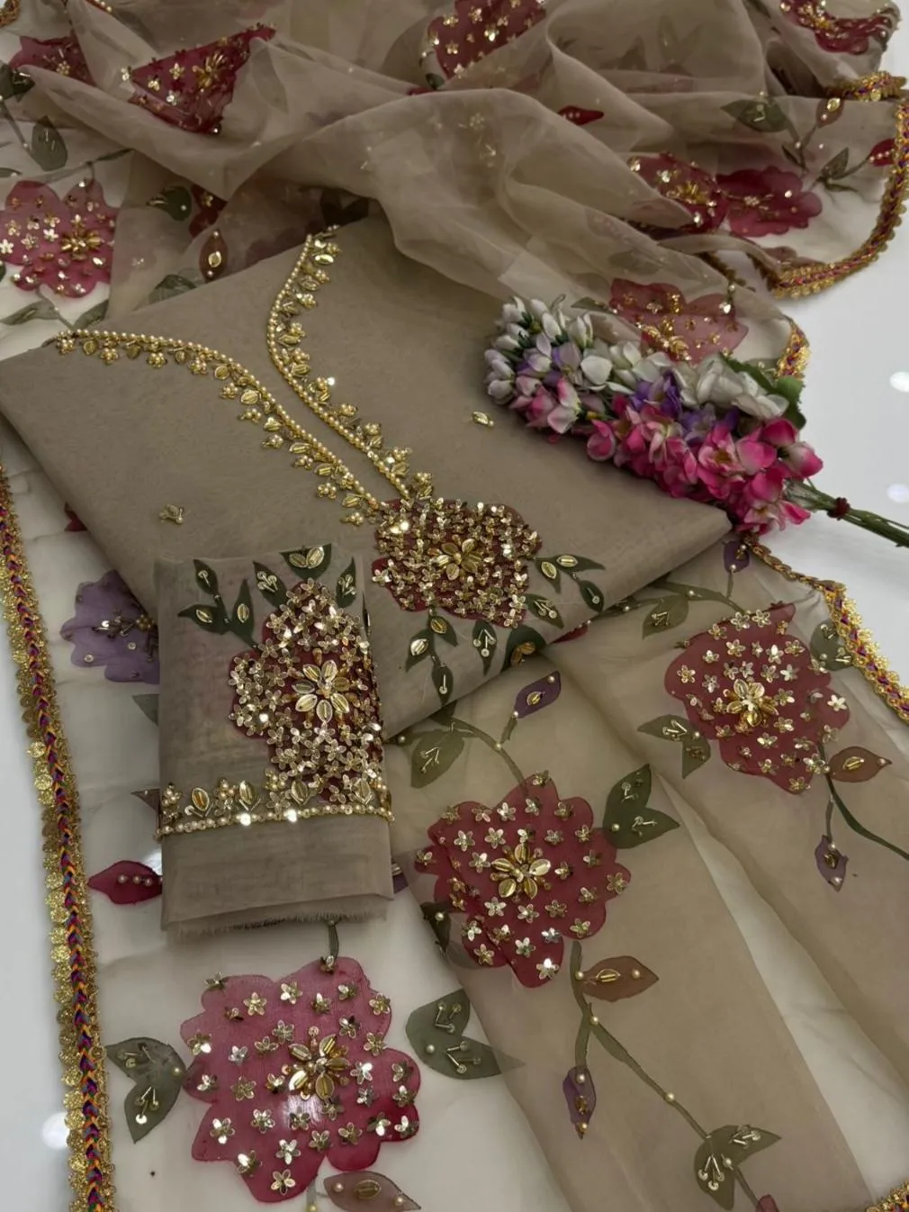 2 Pcs Women's Unstitched Sequins Embroidered Suit