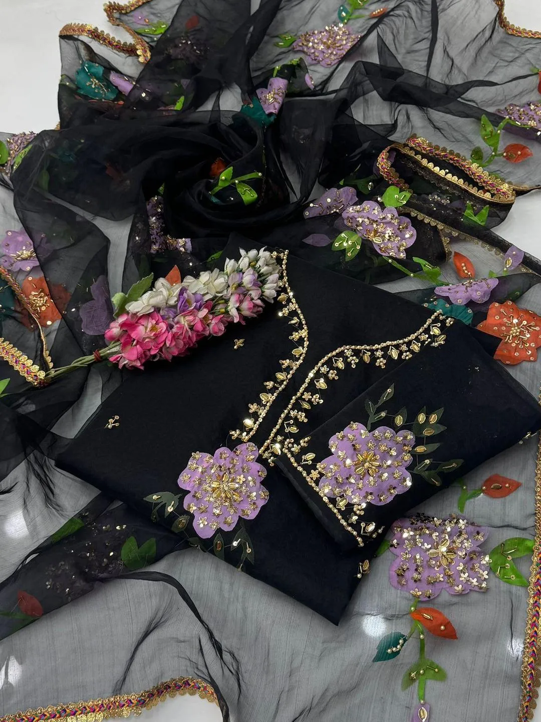 2 Pcs Women's Unstitched Sequins Embroidered Suit