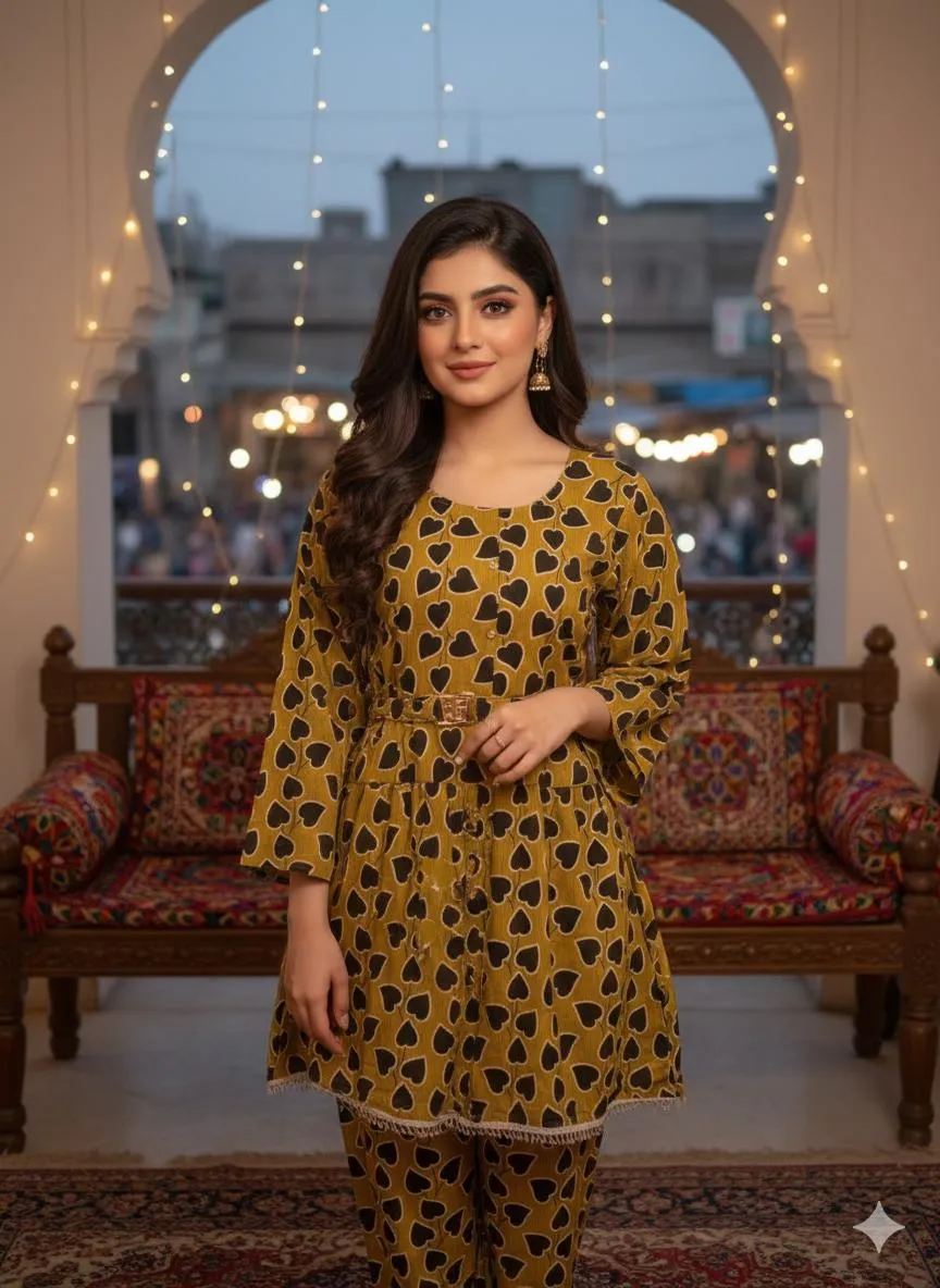 SByS Presents 2 Pcs Women's Stitched Khaddar Printed Frock And Trouser