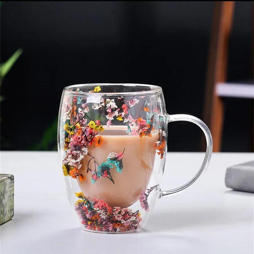 Double Glass Artificial Flowers Transparent Coffee Mug - 350ml