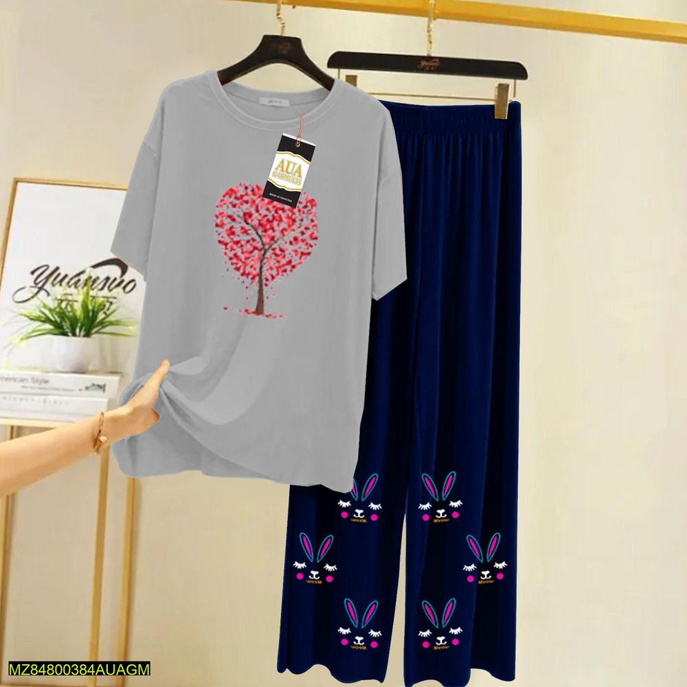 2 Pcs Women's Stitched Jersey Printed Sleepwear