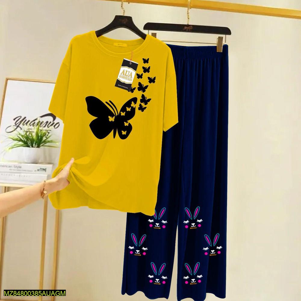 2 Pcs Women's Stitched Jersey Printed Sleepwear