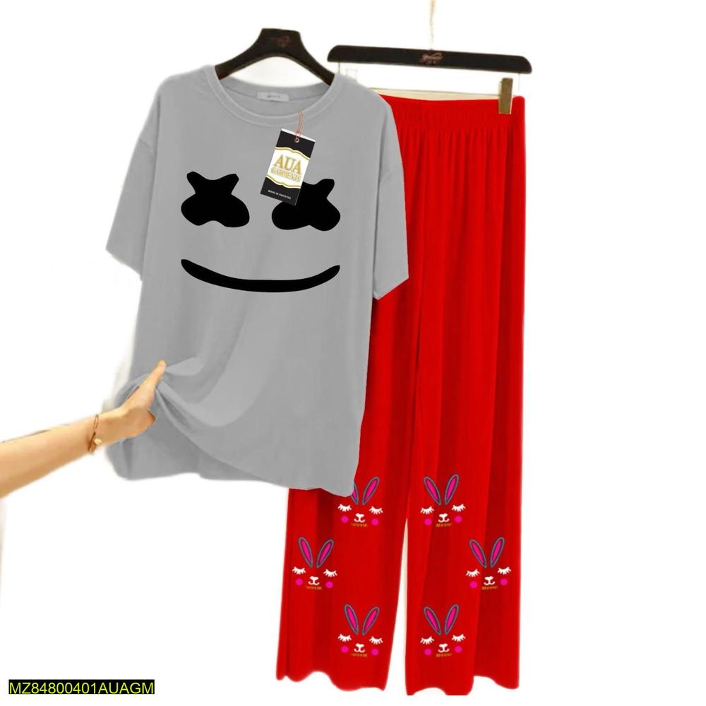 2 Pcs Women's Stitched Jersey Printed Sleepwear