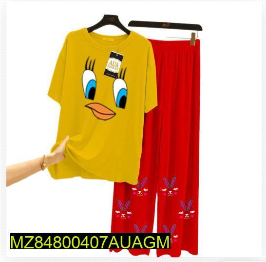 2 Pcs Women's Stitched Jersey Printed Sleepwear