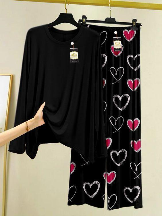 2 Pcs Women's  Sleepwear With Heart Prinred Trouser 