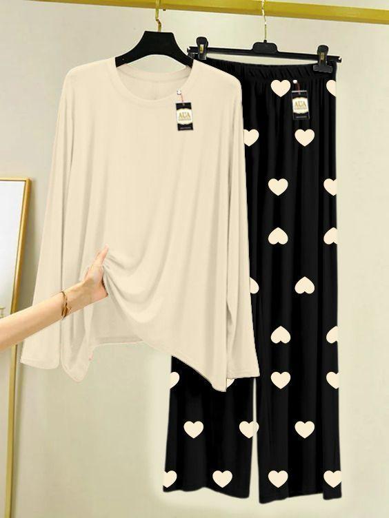 2 Pcs Women's Stitched Plain Night Suit