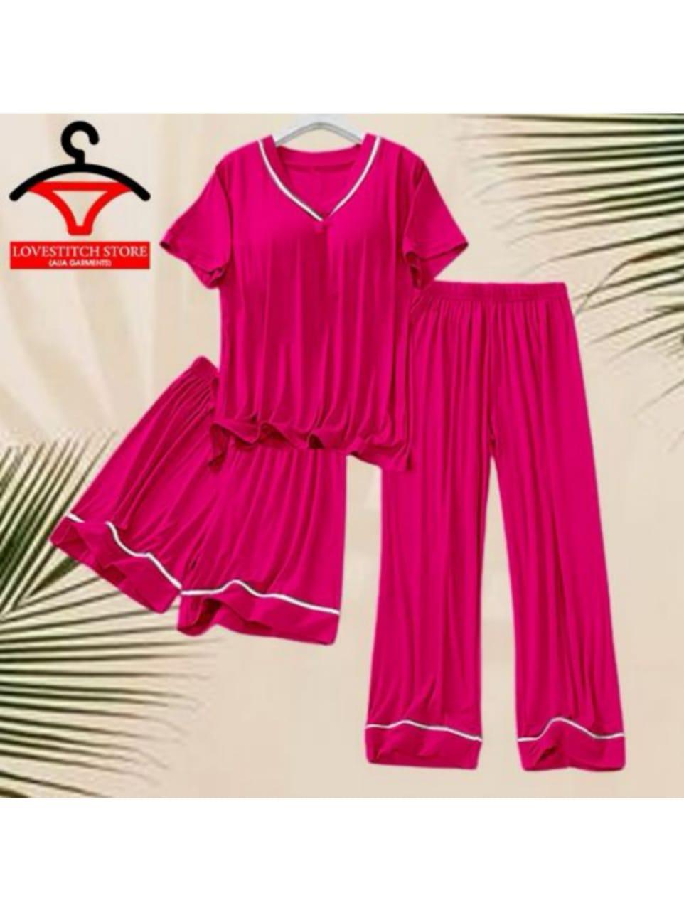 3 Pcs Women's Stitched Plain Night Suit