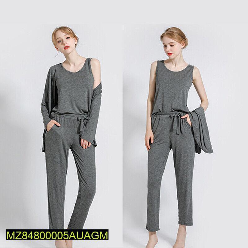 3 Pcs Women's Stitched Plain Night Suit