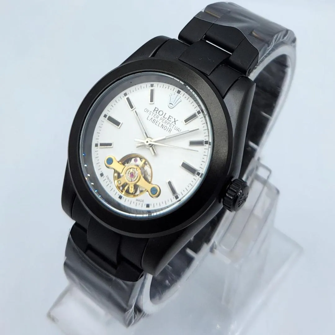 Luxury Automatic Watch | Black PVD Coated Case | White Dial | Exposed Balance Wheel (Open-Heart)