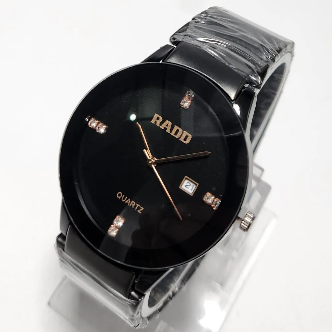 Men's / Women's Sleek Black Quartz Watch with Rose Gold Accents and Crystal Markers - Stainless Steel Back