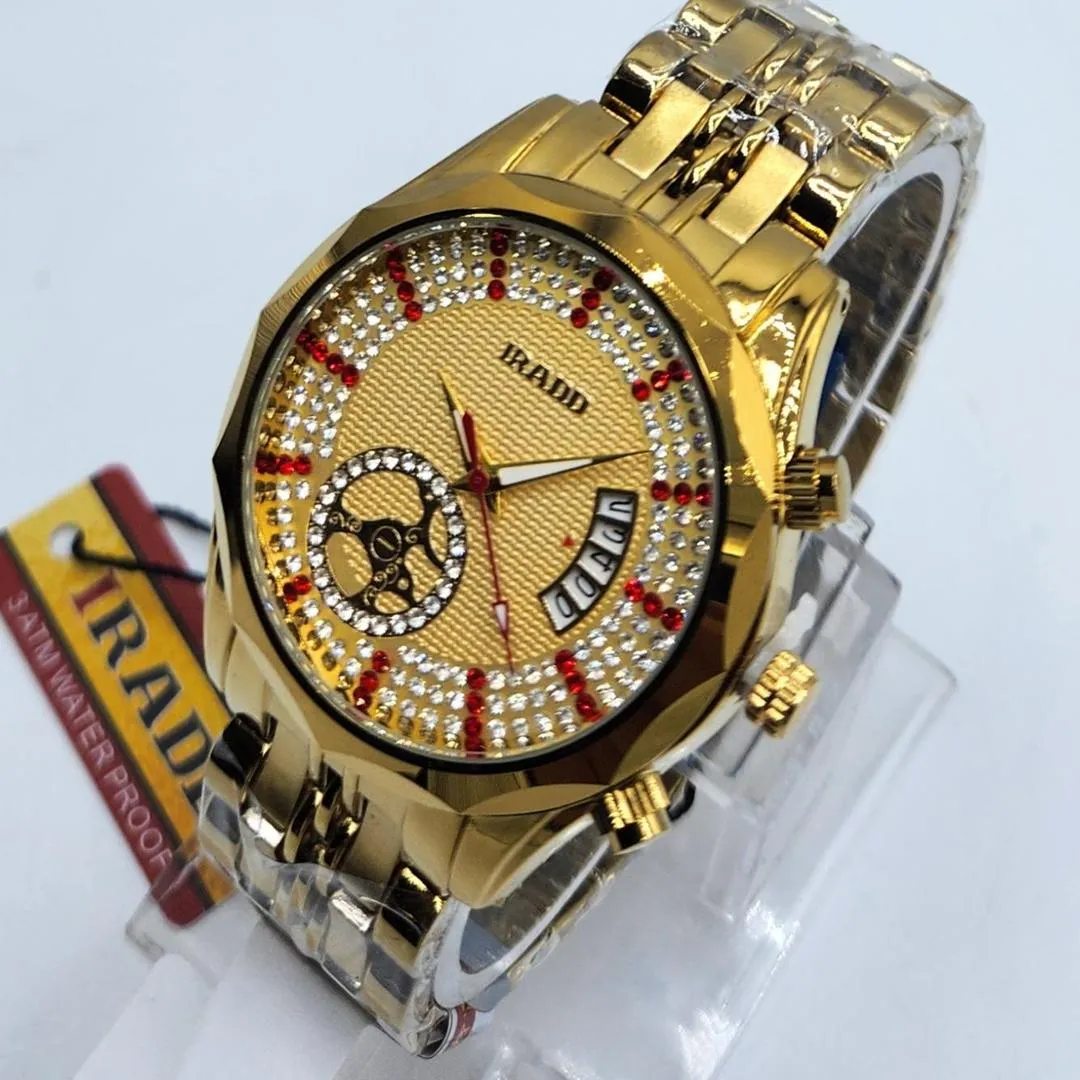 Luxury Gold-Tone Men's Watch with Diamond-Cut Bezel and Embellished Dial - Quartz Movement