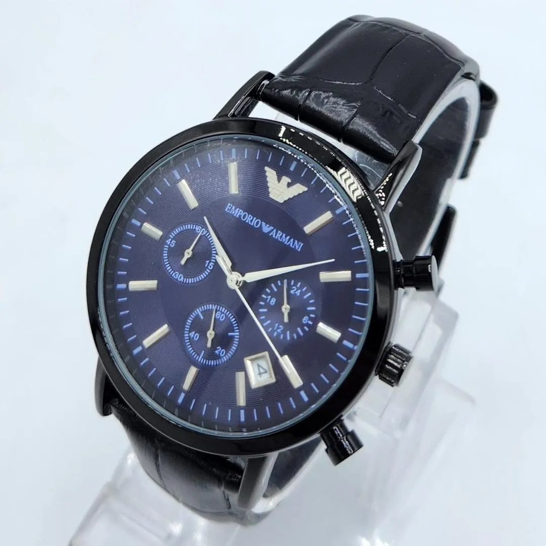 Emporio Armani Men's Chronograph Quartz Watch - Black PVD Case, Deep Blue Dial & Black Leather Strap