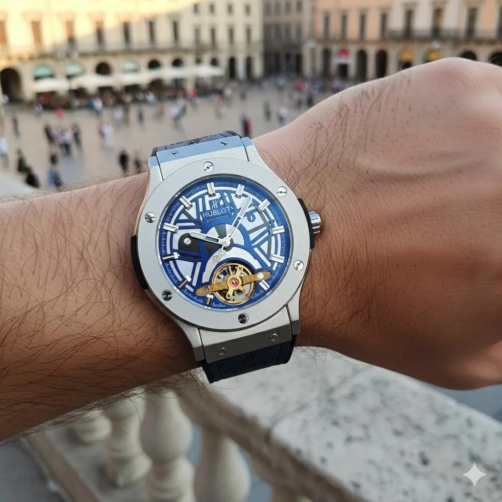 Hublot Blue Skeleton Dial Men's Watch Steel Blue Strap