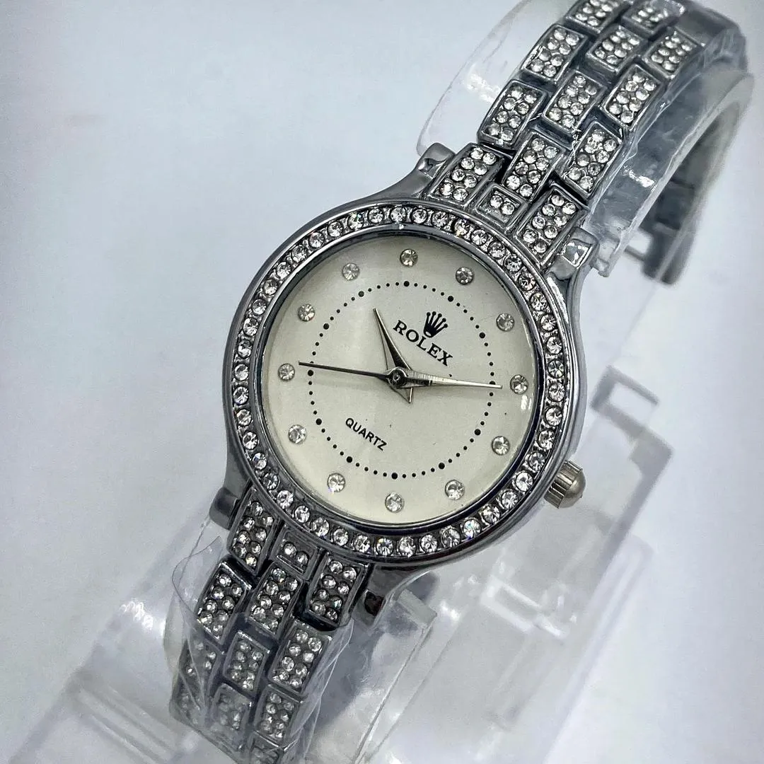 Luxury Silver Crystal-Studded Ladies Quartz Watch