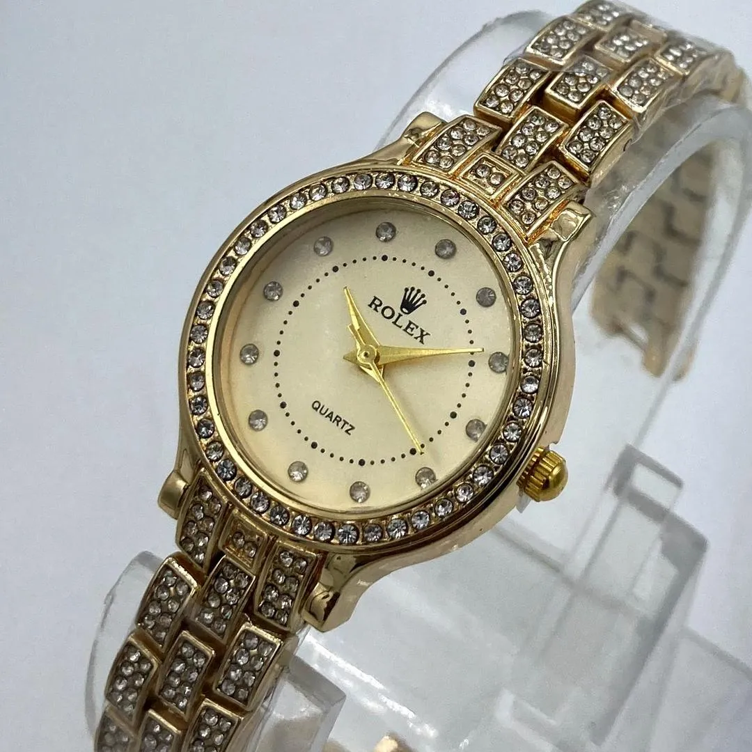 Women's Luxury Gold-Tone Ladies Quartz Wrist Watch with Crystal-Stone Detailing