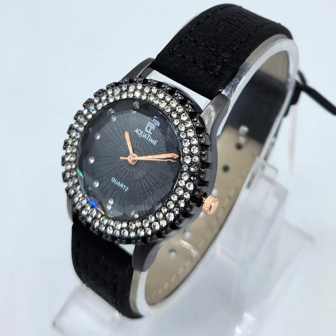 Women's Elegant Black & Crystal Quartz Watch for Women - AQUATIME