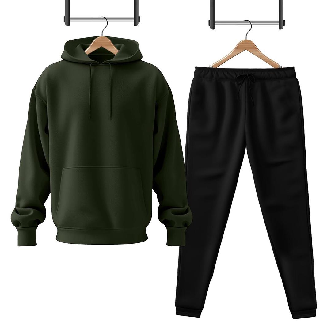 Men's Fleece Hoodie Track Suit - 2 Pcs, Hooded Neck, Plain Design