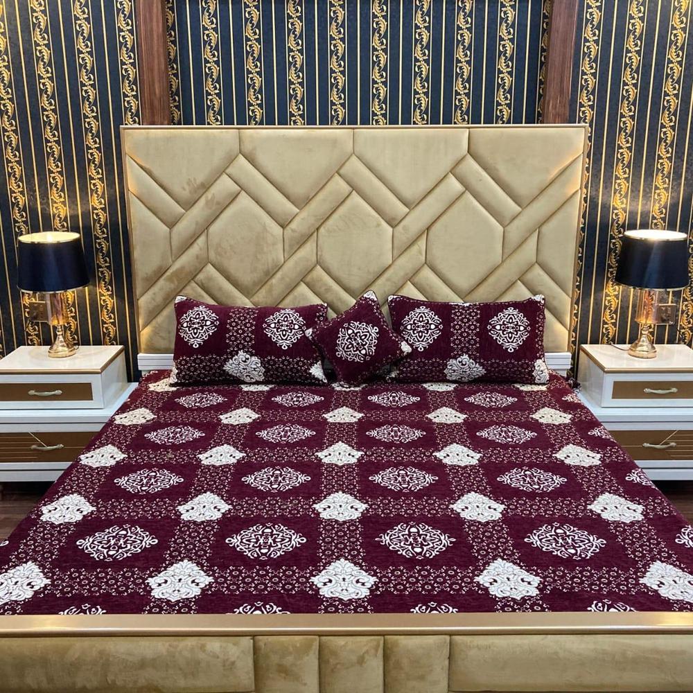 4 Pcs Velvet Jacquard Printed Double Bed Bridal Set