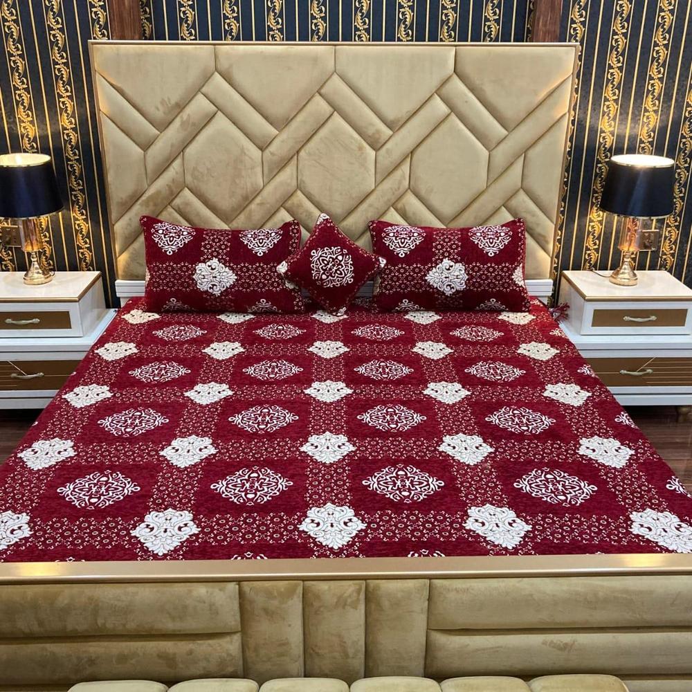4 Pcs Velvet Jacquard Printed Double Bed Bridal Set