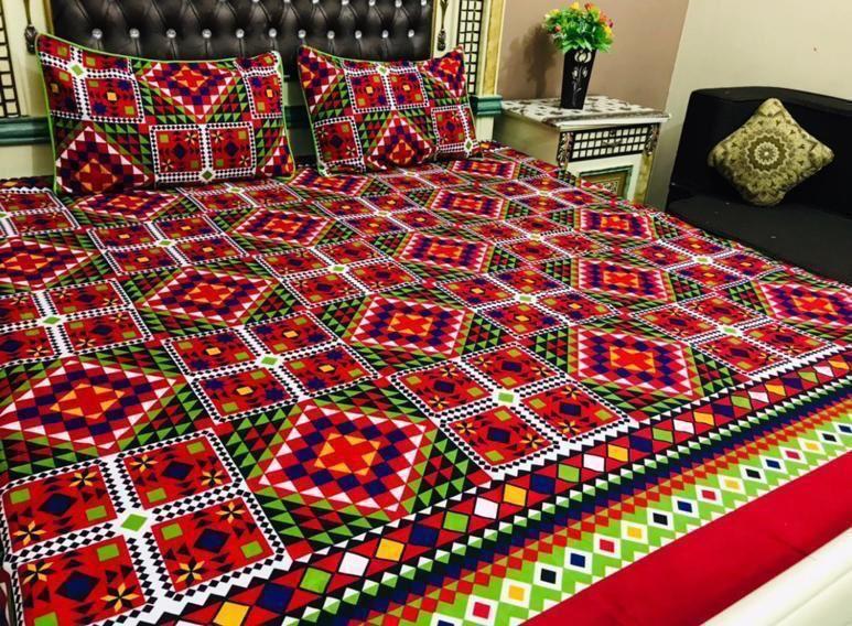 3 Pcs Crystal Cotton Printed Double Bedsheet