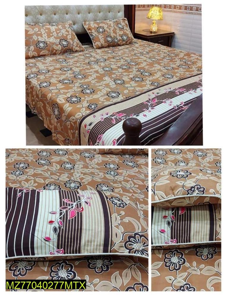 3 Pcs Crystal Cotton Printed Double Bedsheet