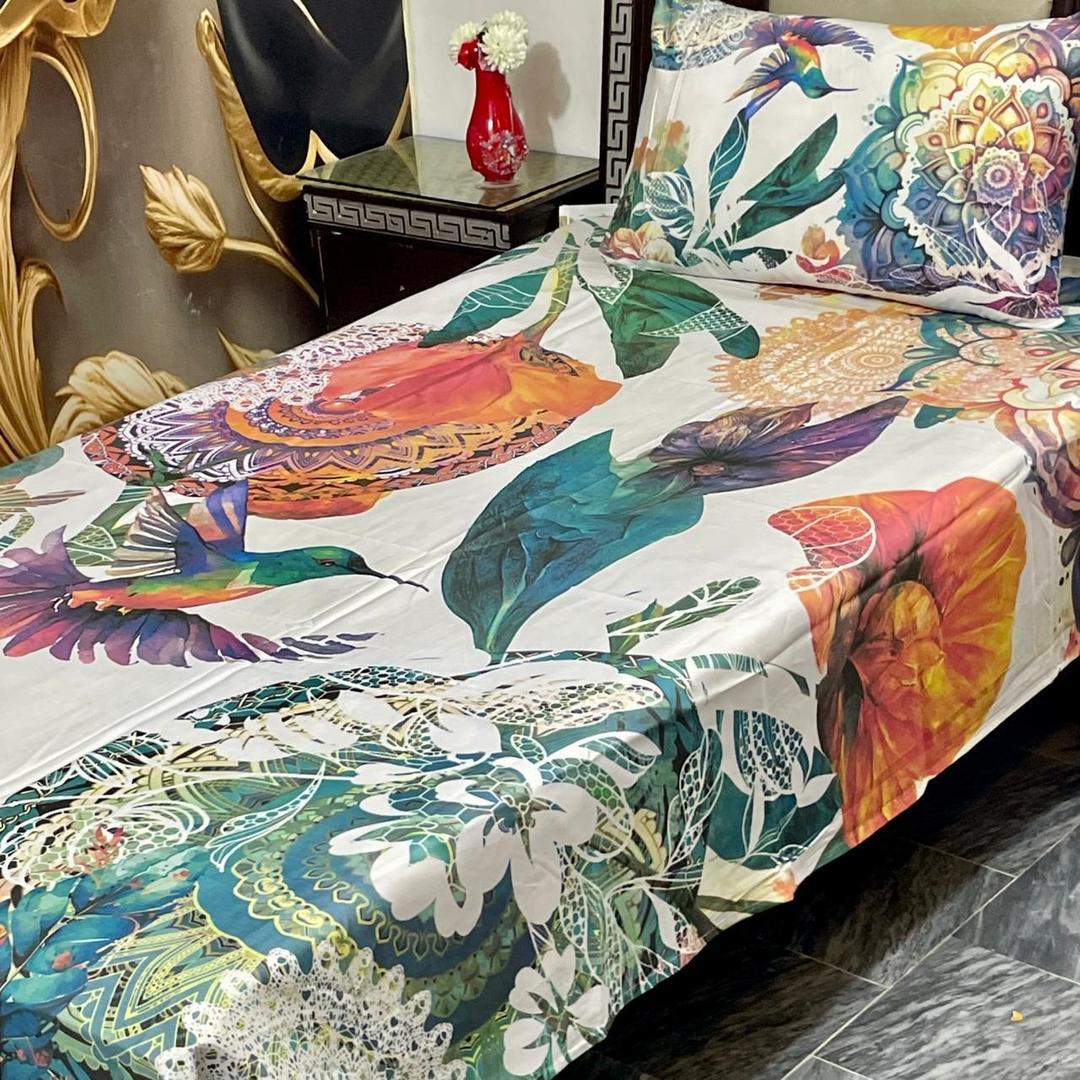 Colorful Printed Cotton Single Bedsheet Set - 2 Pcs