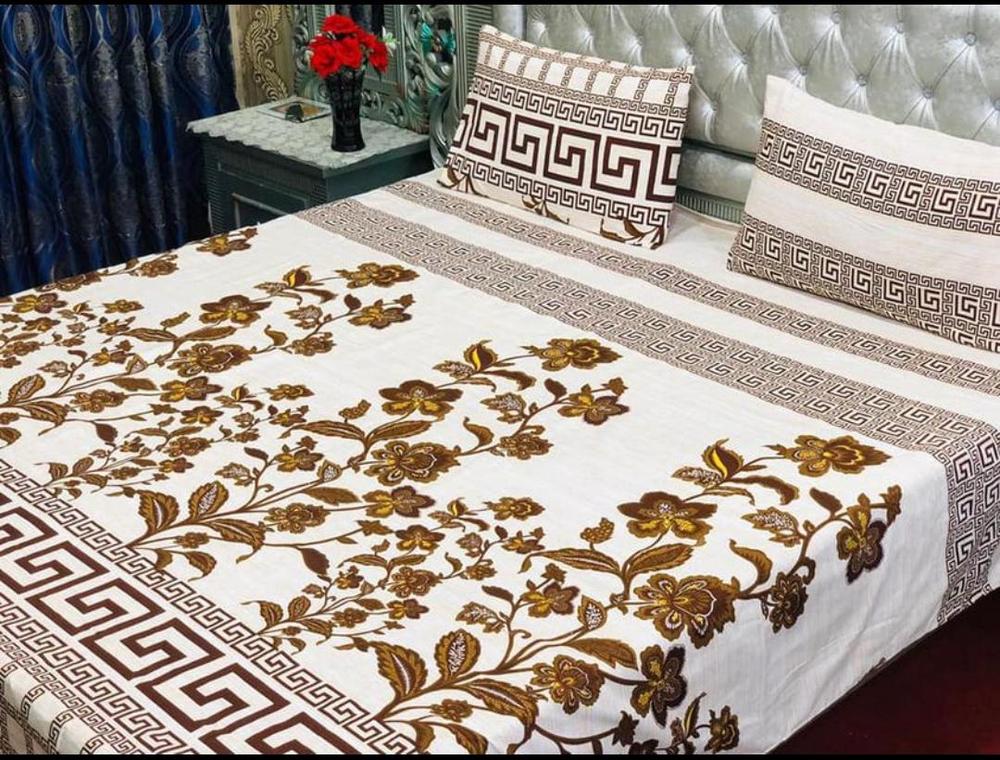 3 Pcs Crystal Cotton Printed Double Bedsheet