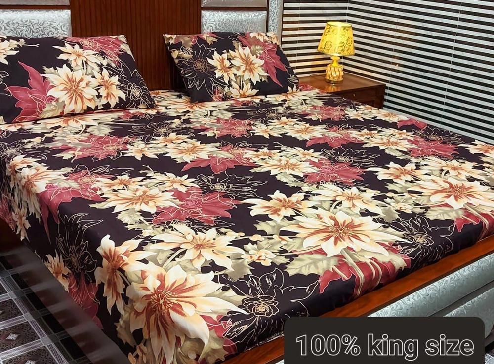 3 Pcs Crystal Cotton Printed Double Bedsheet