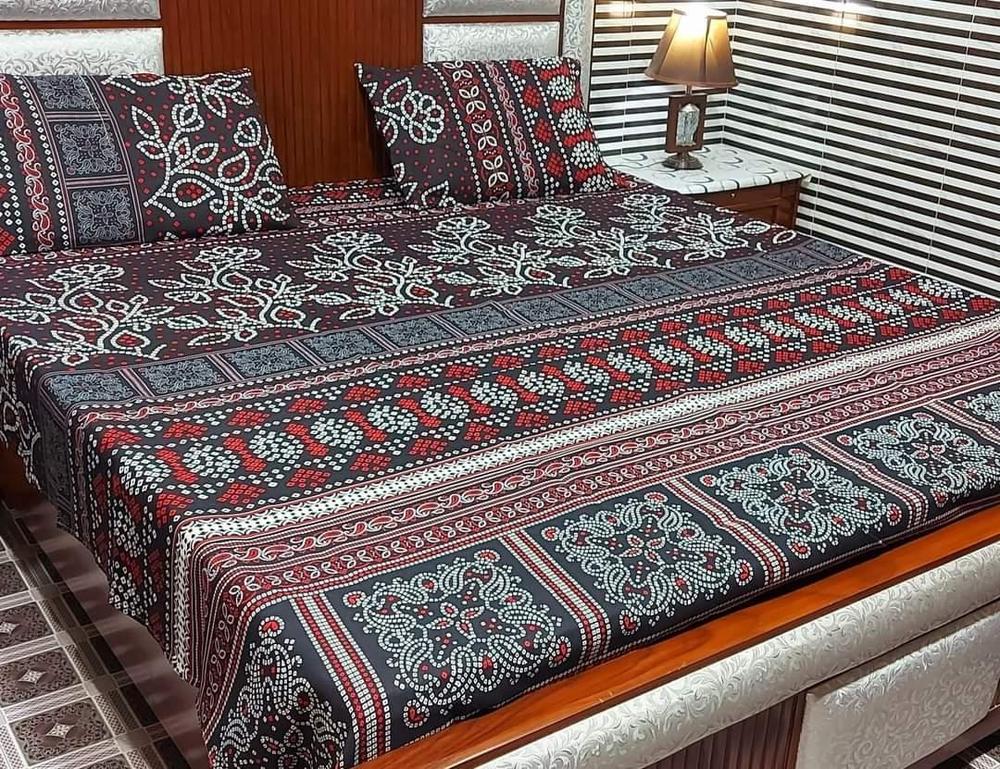 3 Pcs Crystal Cotton Printed Double Bedsheet
