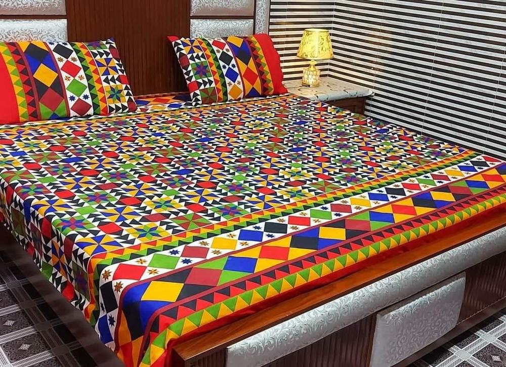 3 Pcs Crystal Cotton Printed Double Bedsheet