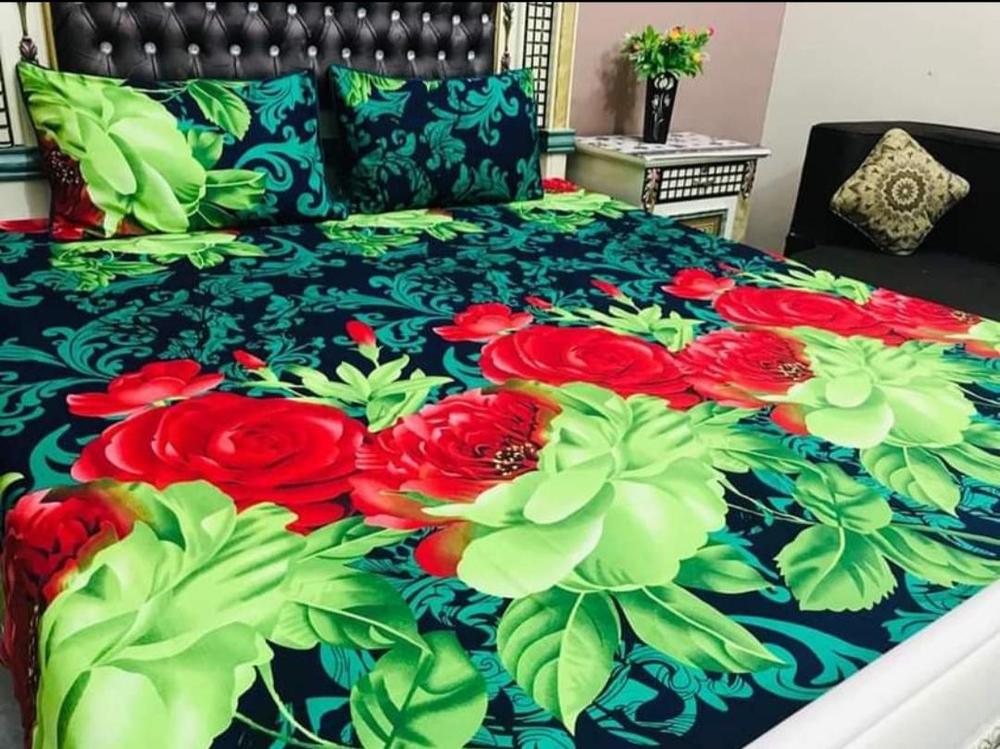 3 Pcs Crystal Cotton Printed Double Bedsheet