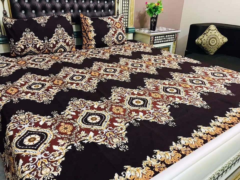 3 Pcs Crystal Cotton Printed Double Bedsheet