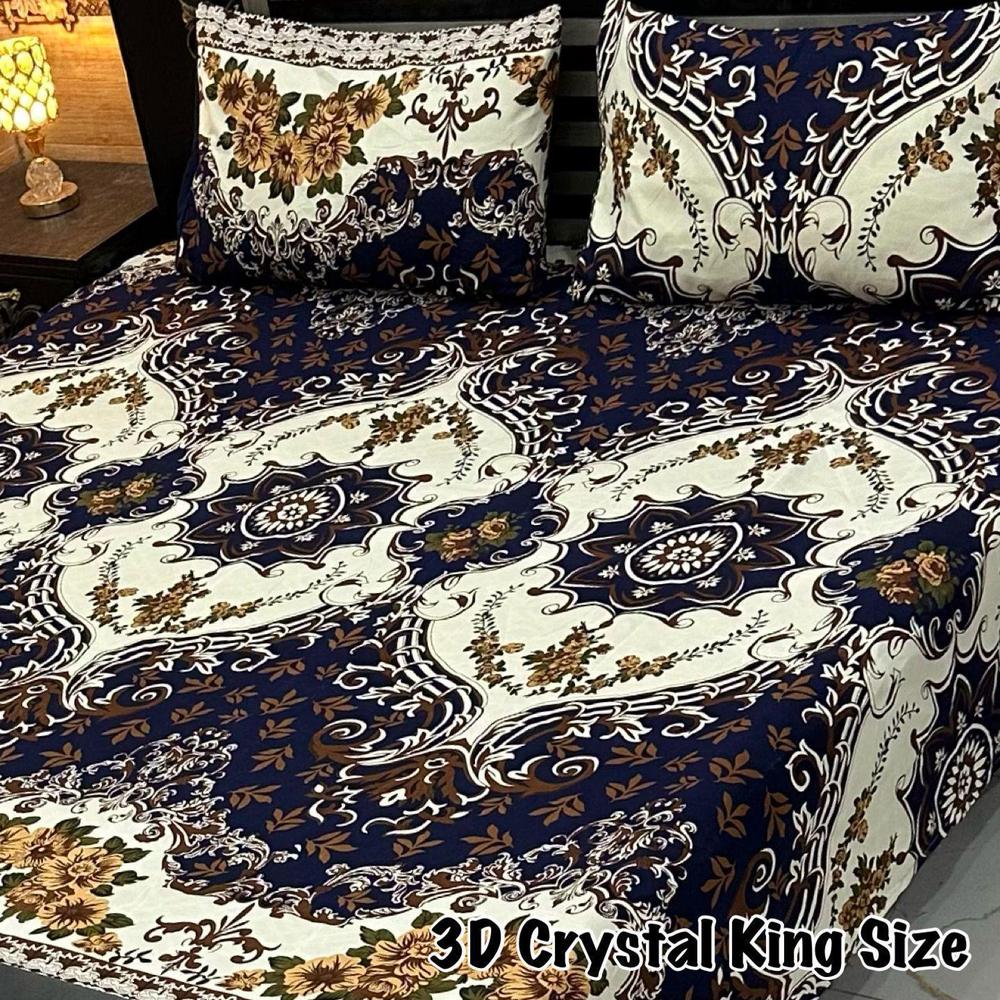 3 Pcs Crystal Cotton Printed Double Bedsheet