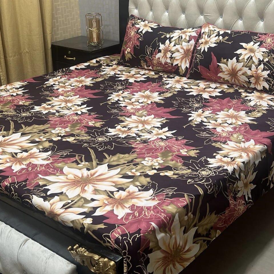 3 Pcs Crystal Cotton Printed Double Bedsheet