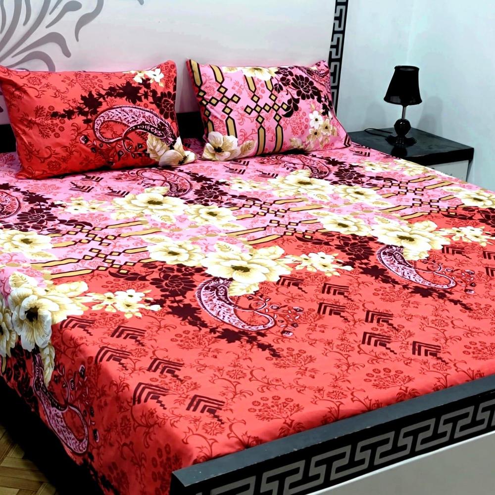 3 Pcs Crystal Cotton Printed Double Bedsheet
