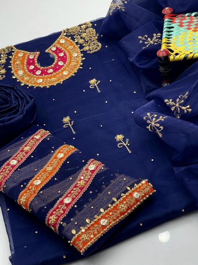 3 Pcs Women's Unstitched Fancy Organza Mirror Work Embroidered Suit