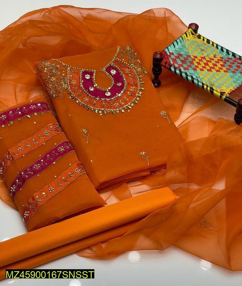 3 Pcs Women's Unstitched Fancy Organza Mirror Work Embroidered Suit