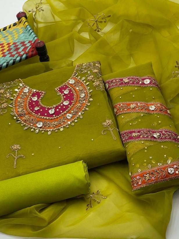 3 Pcs Women's Unstitched Fancy Organza Mirror Work Embroidered Suit