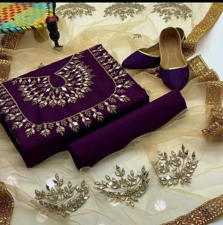 3 Pcs Women's Unstitched Katan Silk Embroidered Suit