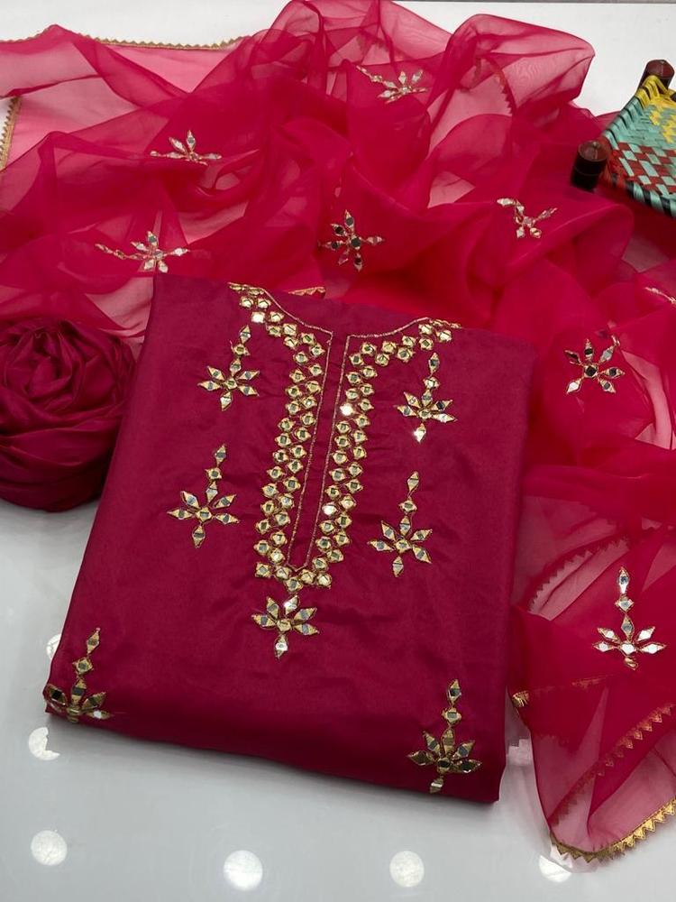 3 Pcs Women's Unstitched Katan Silk Embroidered Suit