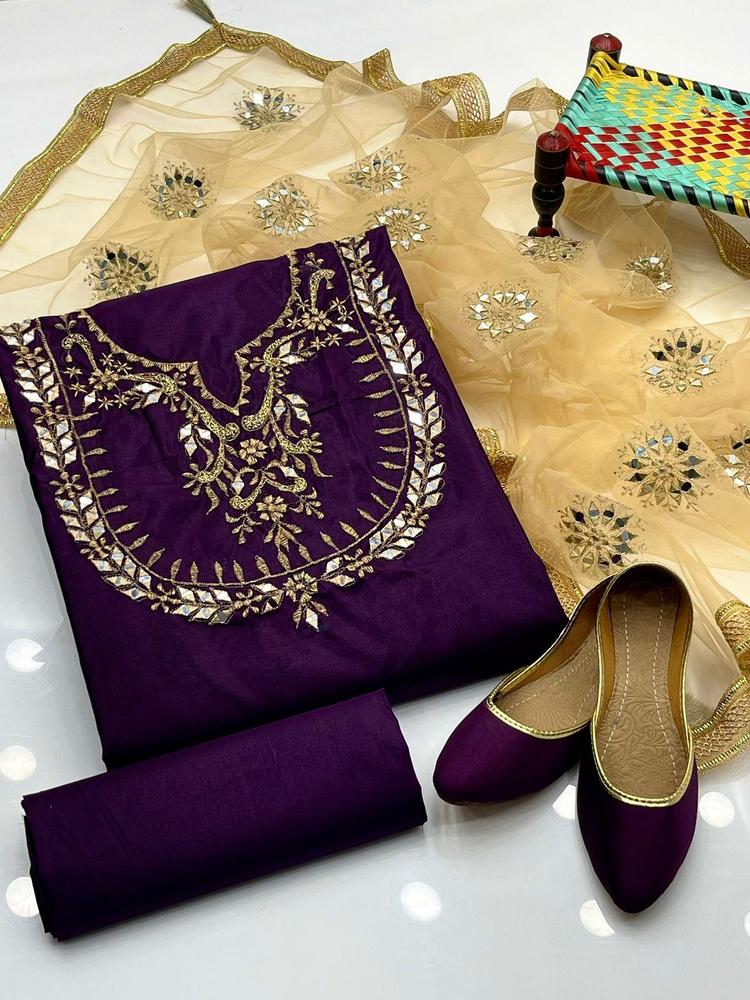 3 Pcs Women's Unstitched Silk Mirror Work Embroidered Suit With Khussa