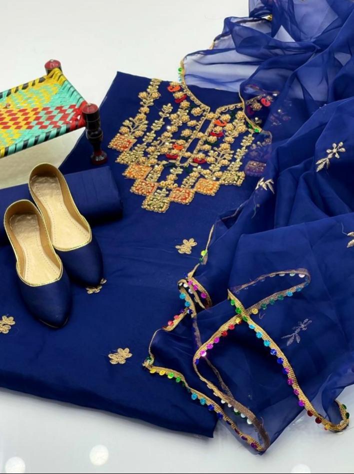 3 Pcs Women's Unstitched Organza Embroidered Suit With Khussa