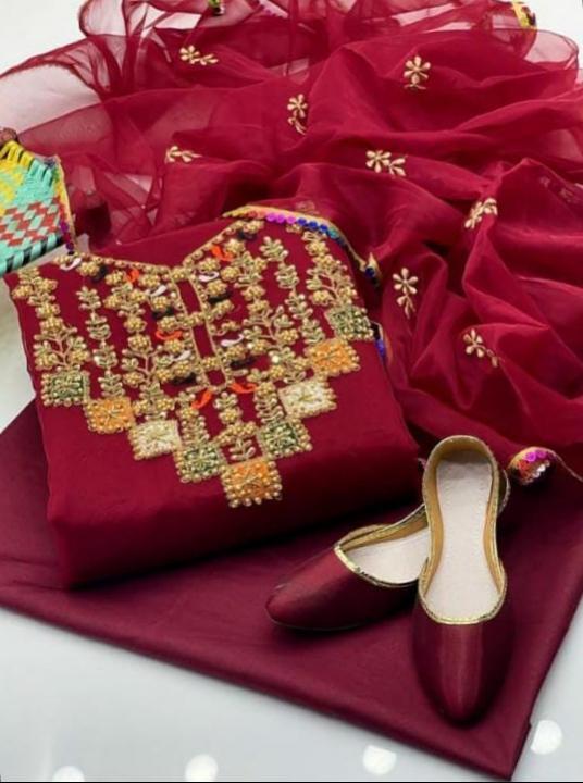 3 Pcs Women's Unstitched Organza Embroidered Suit With Khussa