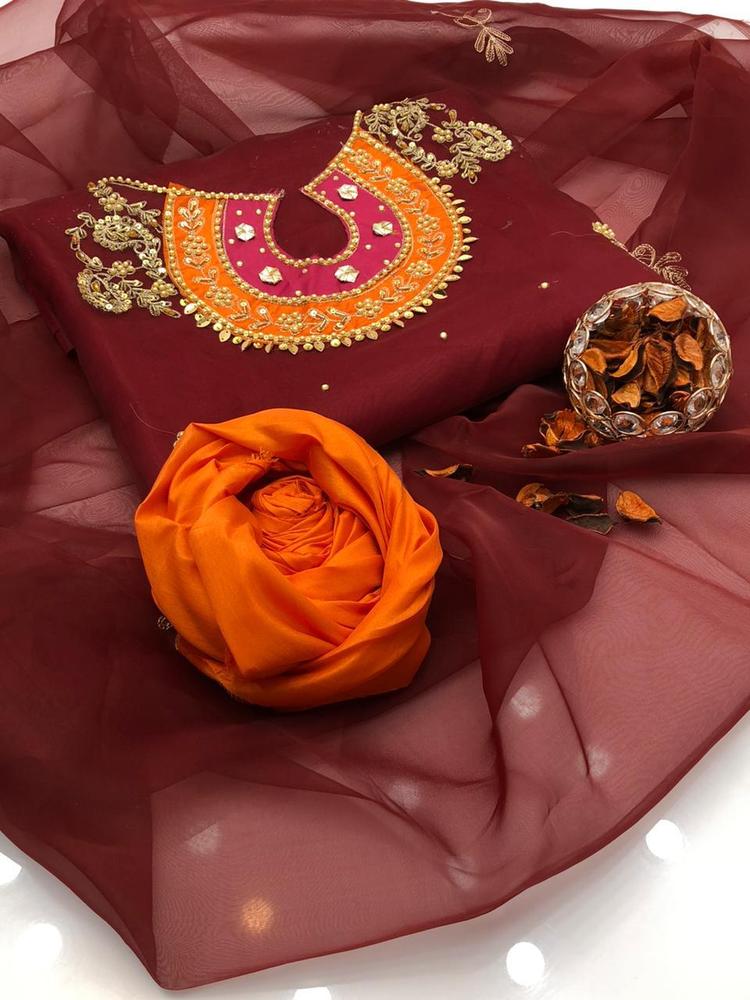 3 Pcs Women's Unstitched Organza Embroidered Suit