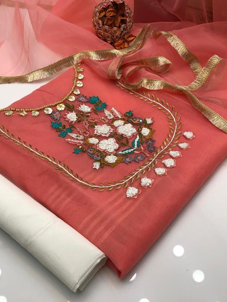 3 Pcs Women's Unstitched Organza Embroidered Suit