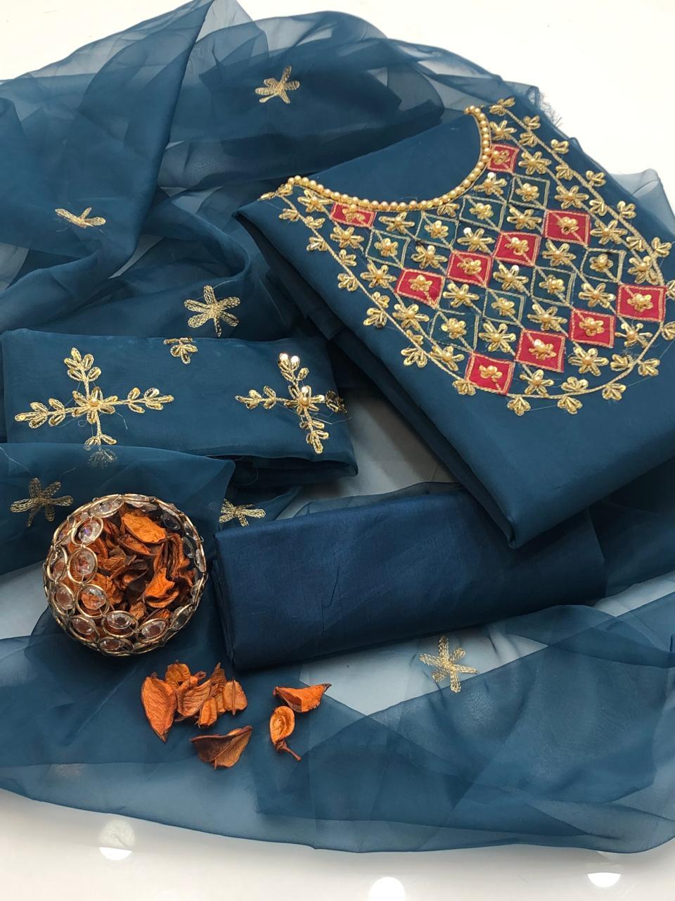 3 Pcs Women's Unstitched Organza Hand Embroidered Suit