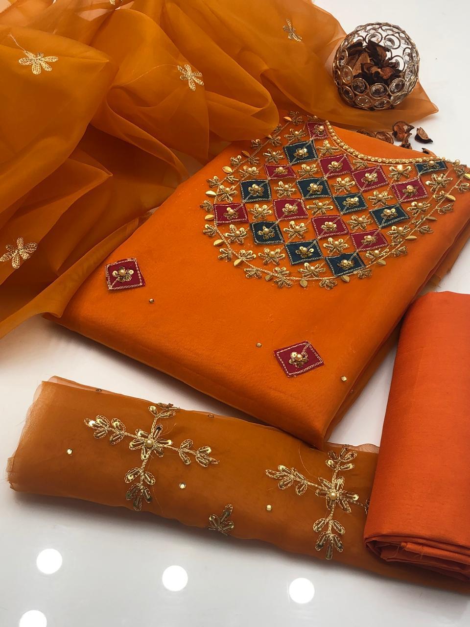 3 Pcs Women's Unstitched Organza Hand Embroidered Suit