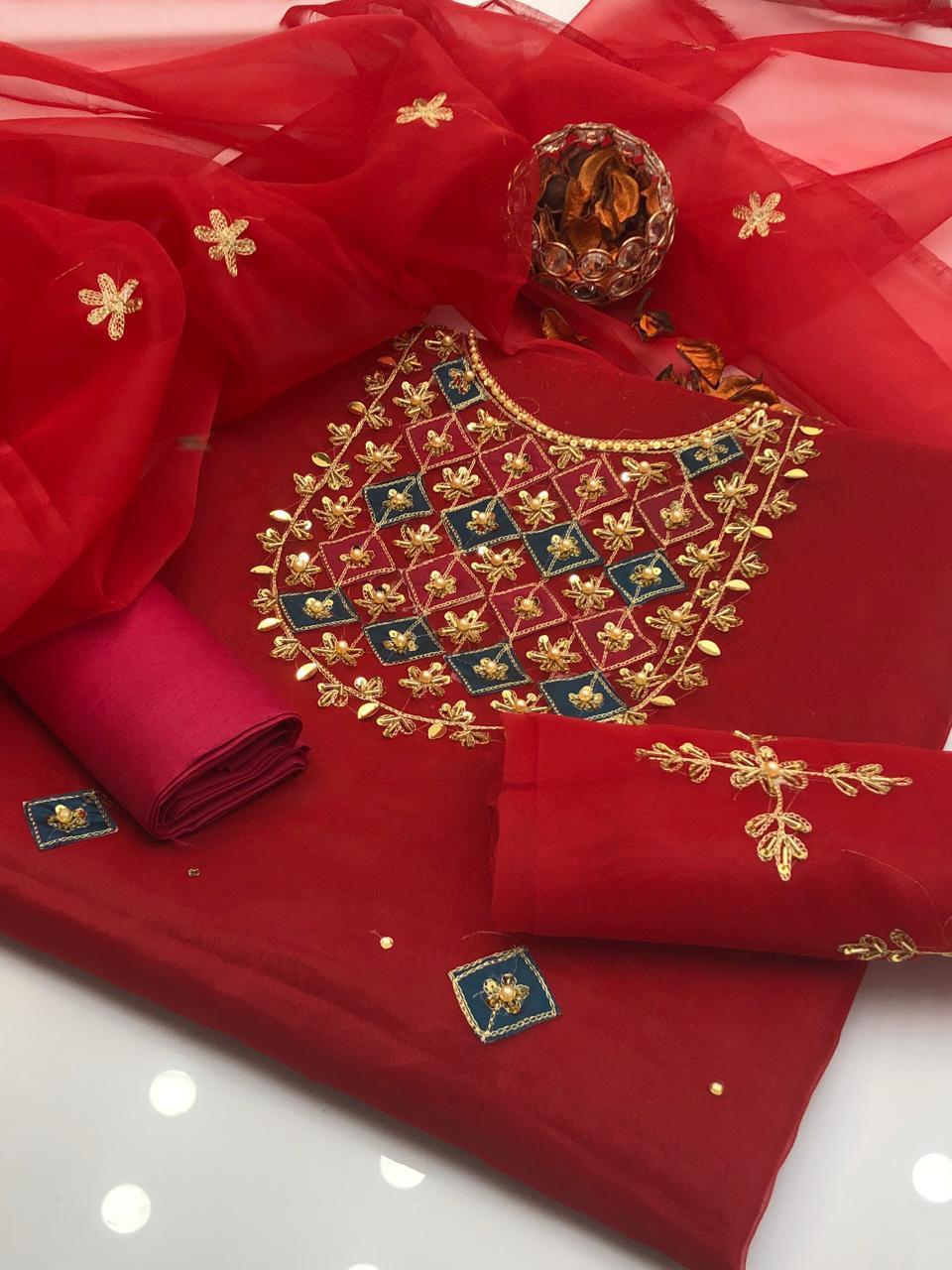 3 Pcs Women's Unstitched Organza Hand Embroidered Suit