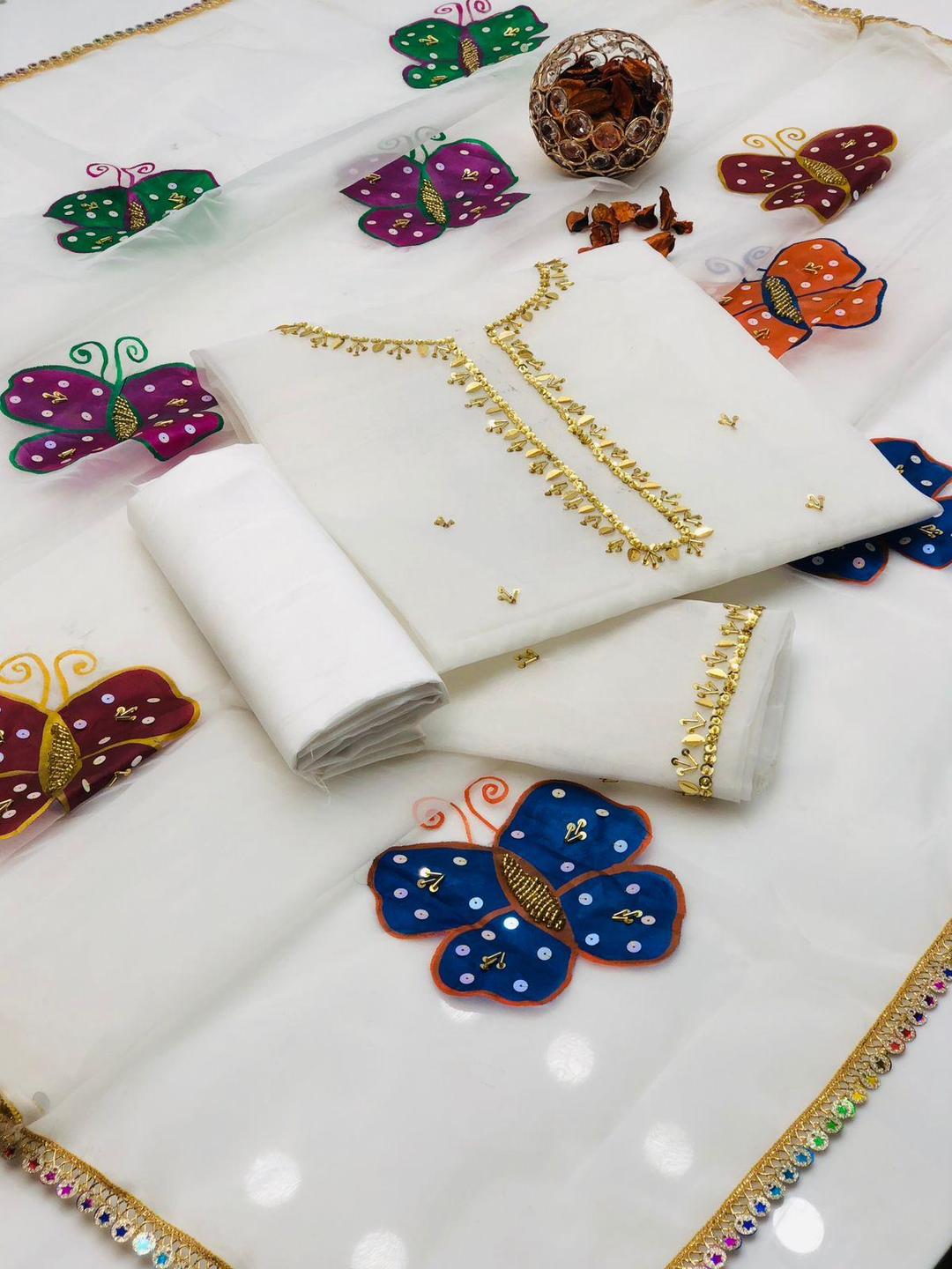 3 Pcs Women's Unstitched Organza Printed Embroidered Suit