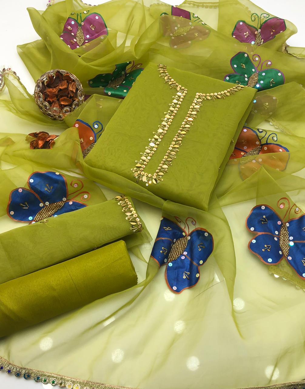 3 Pcs Women's Unstitched Organza Printed Embroidered Suit